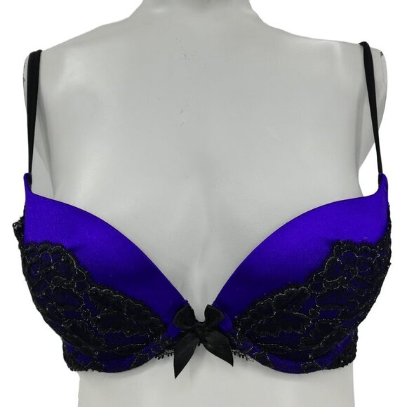 Victorias Secret Very Sexy Plunge Bra Blue Black Lace Size 32C Padded Underwire - Picture 1 of 10